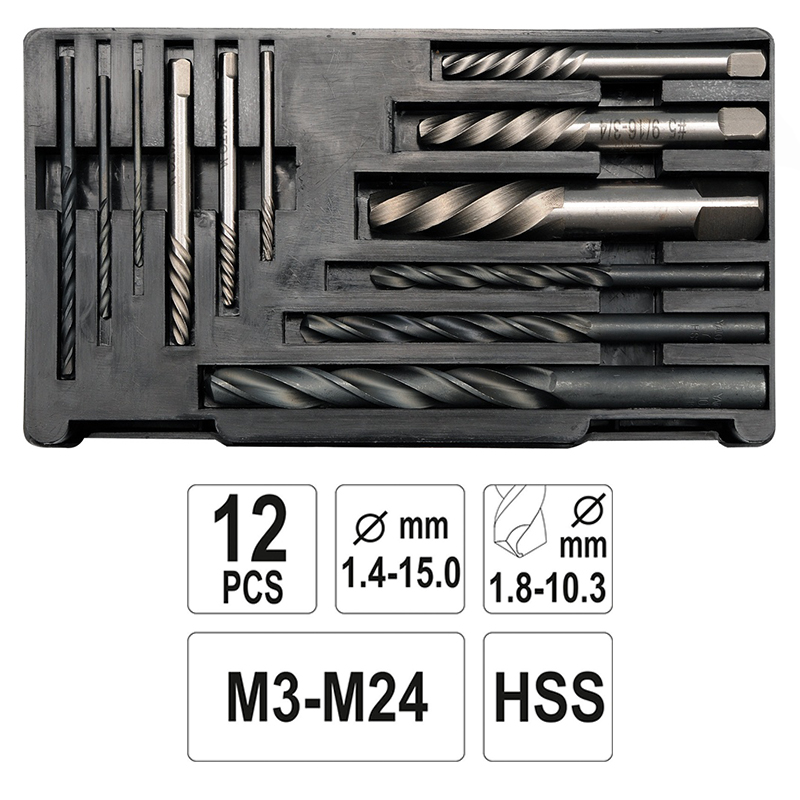 Set extractoare cu burghie pentru suruburi rupte, 12 piese