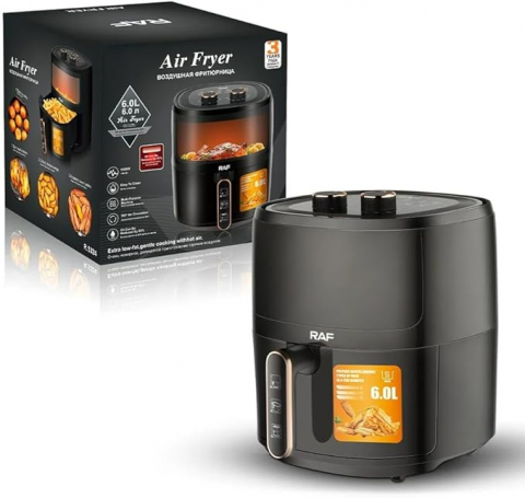 Friteuza cu aer inoxidabil fara ulei Ecran din sticla transparenta neagra, 1500 W, 6 litri RAF-5324