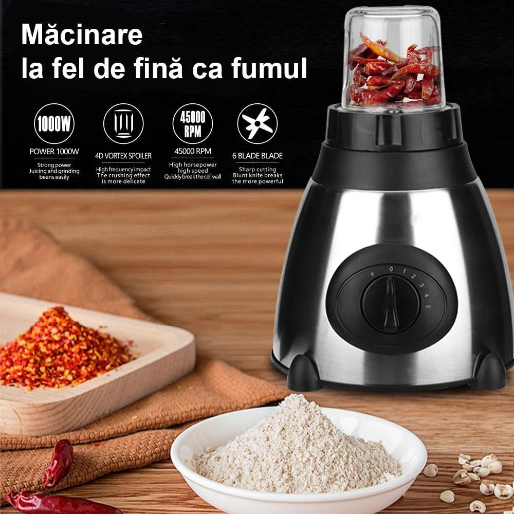 Blender Electric 2 in 1 RAF-300 / RAF-367 cu Vas din Otel Inoxidabil / Sticla si Rasnita pentru Masala, Capacitate 1.5L, 1000W