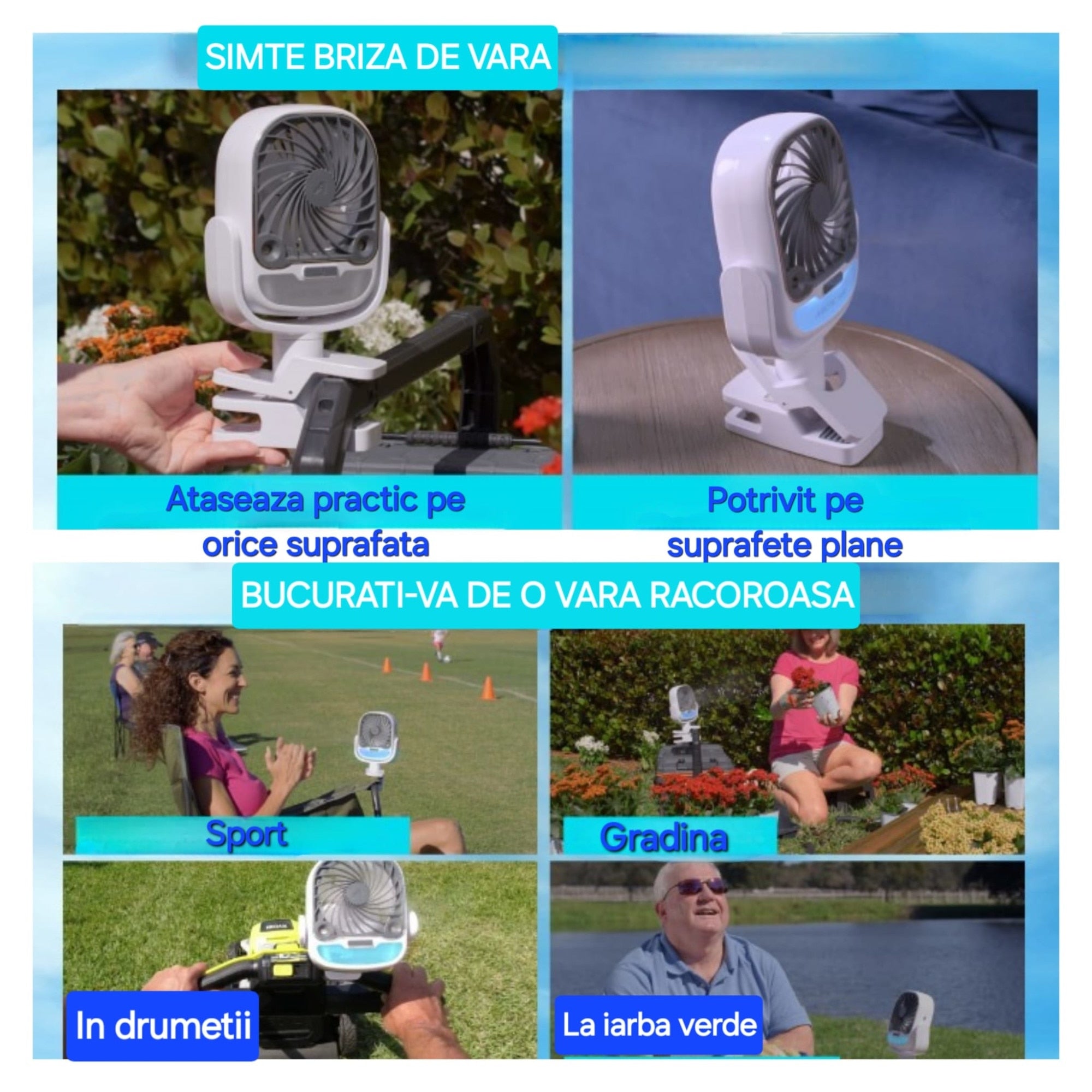 Ventilator portabil cu apa, calitate premium, AIR COOLER, port USB, rezervor de 200 ml, 3 viteze, Led schimbator in diferite culori, clema de pridere, rotire 360 grade, camping/picnic/drumetii/sala/birou/plaja, 26.5 x 16 x 7.5 cm