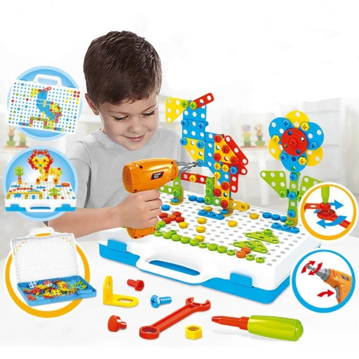 Joc educativ si creativ de constructie, puzzle mozaic, cu suruburi, surubelnita electrica