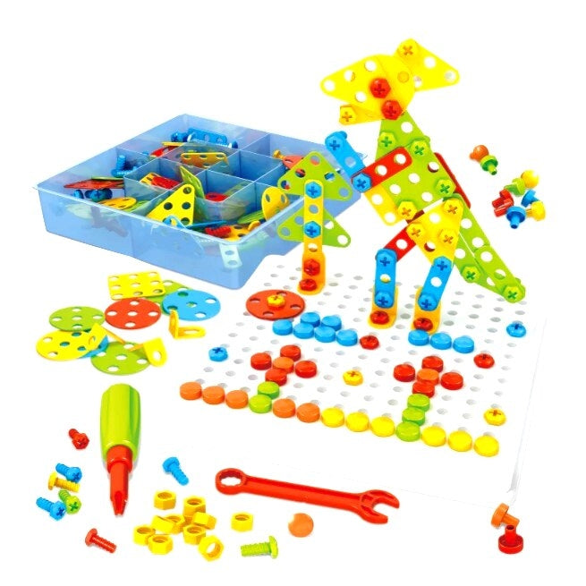 Joc educativ si creativ de constructie, puzzle mozaic, cu suruburi, surubelnita electrica