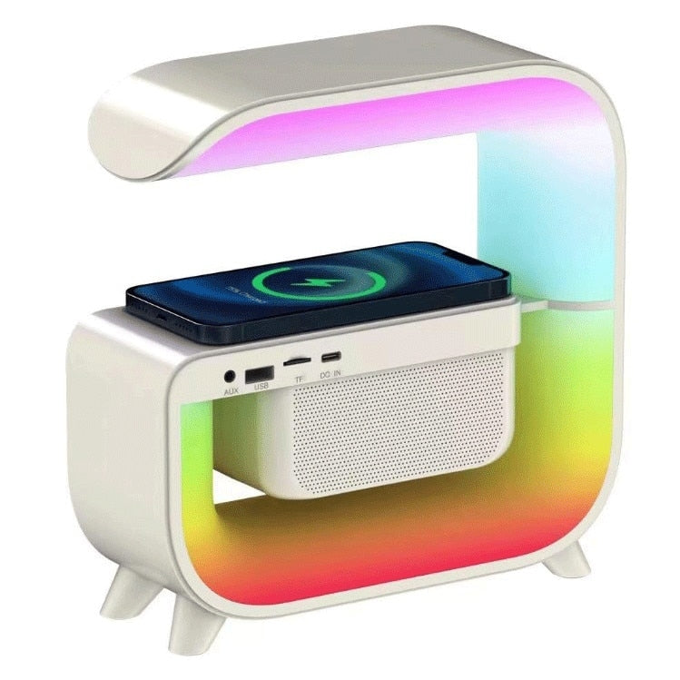 Statie Incarcare Wireless 3 in 1 cu Lampa RGB, Boxa Bluetooth, G3, Difuzor 5W , Incarcare 15W, Ceas Digital Cu Alarma , Lumini Ambientale, Sincronizare muzicala, USB, FM Radio, Card MicroSD , Aux, Control Aplicatie