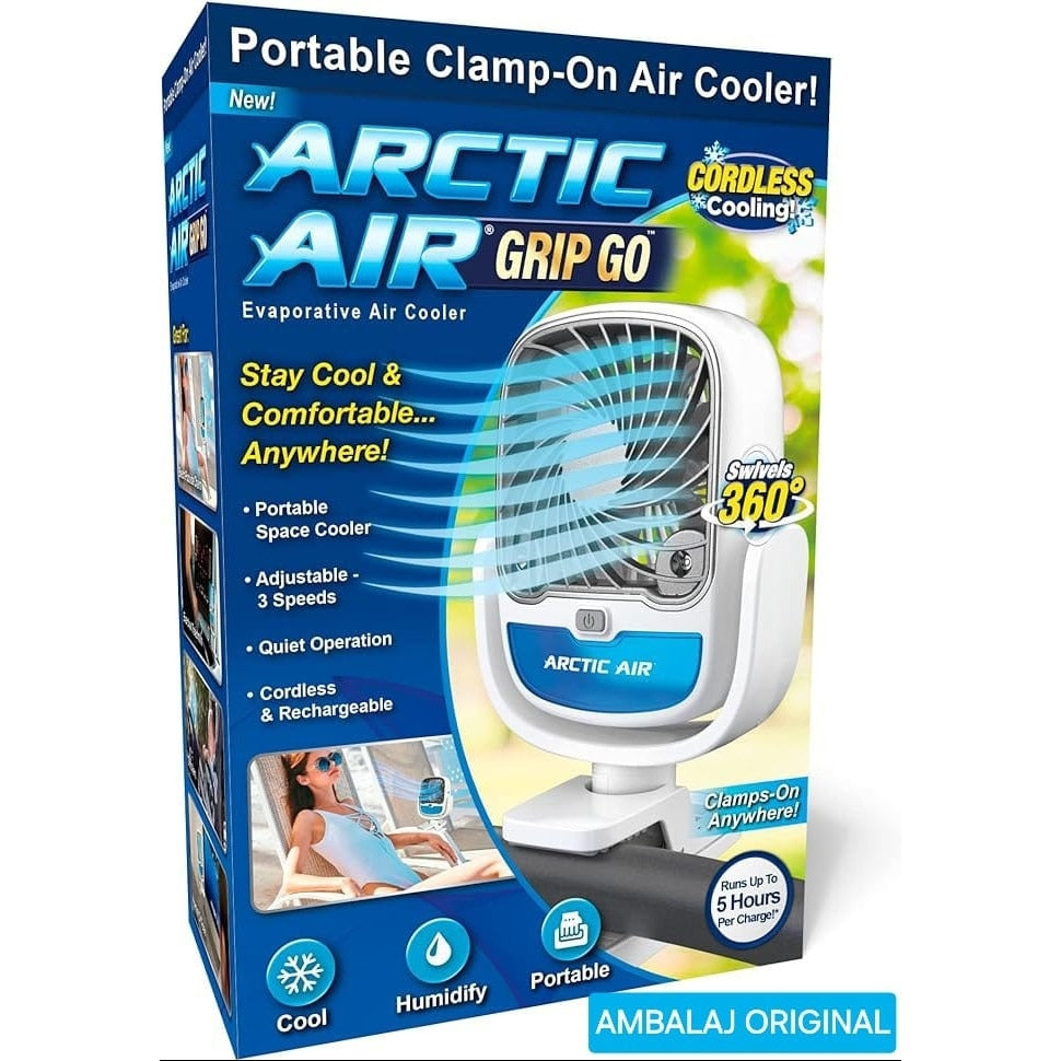 Ventilator portabil cu apa, calitate premium, AIR COOLER, port USB, rezervor de 200 ml, 3 viteze, Led schimbator in diferite culori, clema de pridere, rotire 360 grade, camping/picnic/drumetii/sala/birou/plaja, 26.5 x 16 x 7.5 cm
