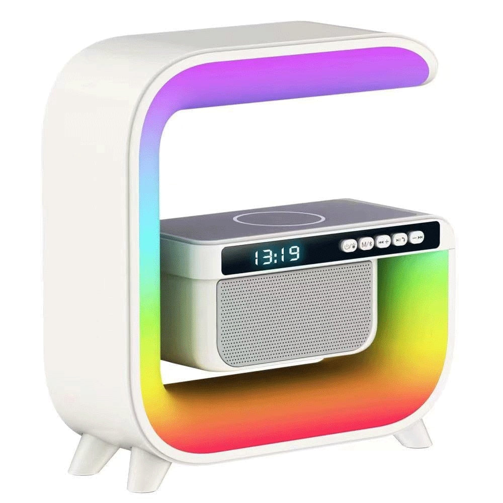 Statie Incarcare Wireless 3 in 1 cu Lampa RGB, Boxa Bluetooth, G3, Difuzor 5W , Incarcare 15W, Ceas Digital Cu Alarma , Lumini Ambientale, Sincronizare muzicala, USB, FM Radio, Card MicroSD , Aux, Control Aplicatie