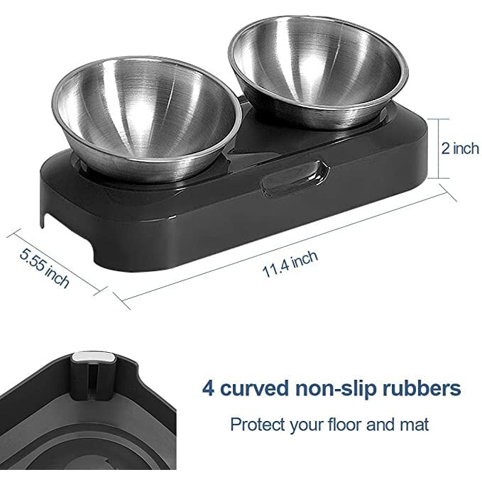 Set 2 boluri cu suport pentru animale, Inox/Polipropilena, Inclinare 15°, Gri