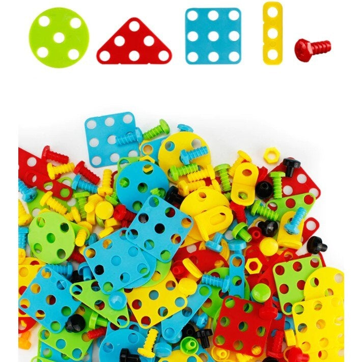 Joc educativ si creativ de constructie, puzzle mozaic, cu suruburi, surubelnita electrica