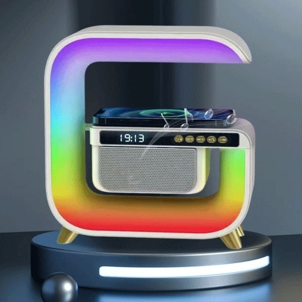 Statie Incarcare Wireless 3 in 1 cu Lampa RGB, Boxa Bluetooth, G3, Difuzor 5W , Incarcare 15W, Ceas Digital Cu Alarma , Lumini Ambientale, Sincronizare muzicala, USB, FM Radio, Card MicroSD , Aux, Control Aplicatie