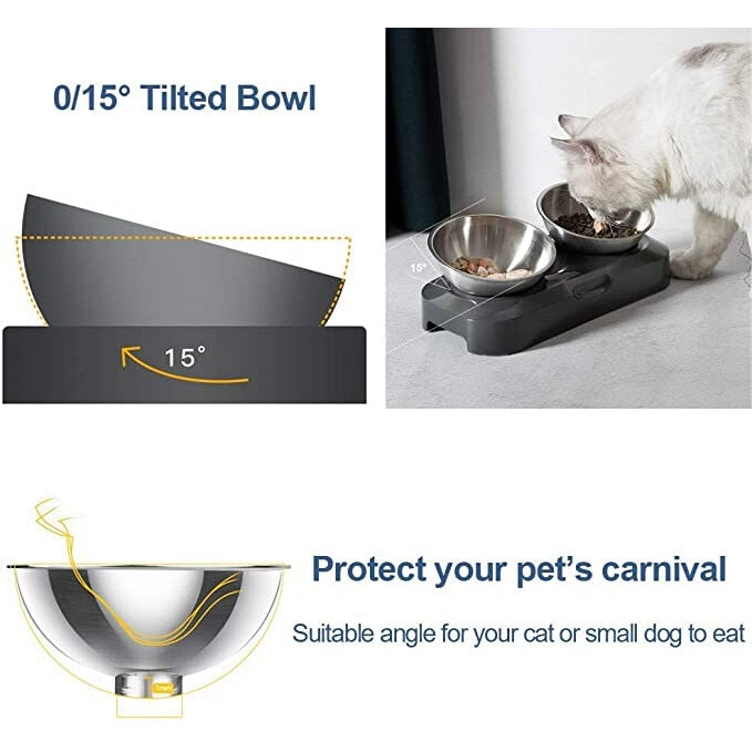 Set 2 boluri cu suport pentru animale, Inox/Polipropilena, Inclinare 15°, Gri