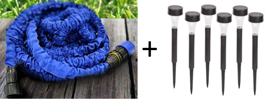 Furtun 30 Metri Expandabil + Set 6 Lampi solare de gradina