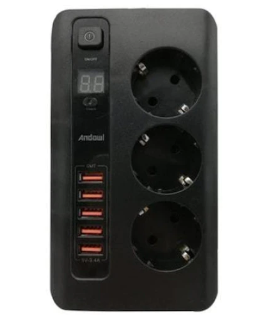 Prelungitor 2 Metri Andowl Cu 3 Prize 220V Si 5 Mufe USB 3.4A