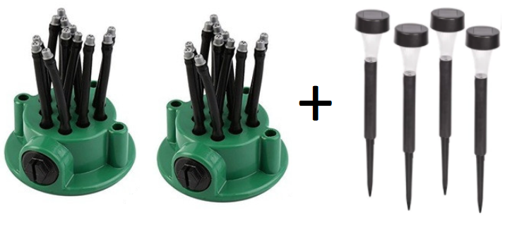2 x Aspersor Multifuntional, Furtunuri Flexibile, Tip Sprinkler, 360 grade + Set 4 lampi solare de gradina