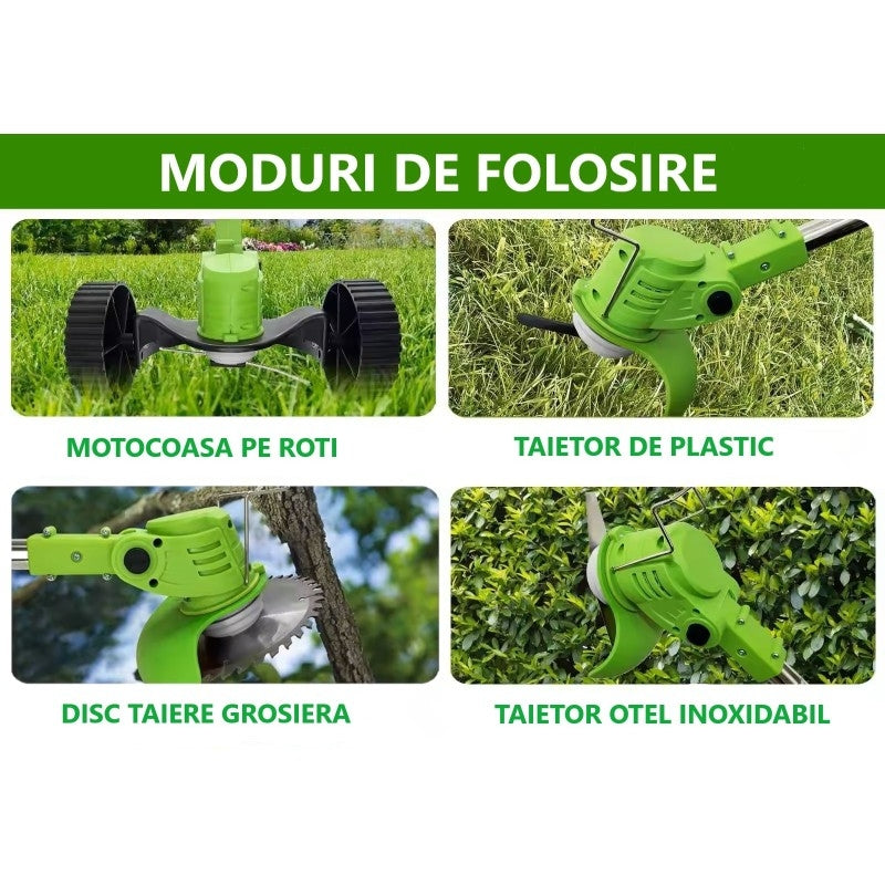 Motocoasa Cu Roți, Trimmer Iarbă Si Gard Viu, 2 Acumulatori Li Ion 21V/2.0Ah