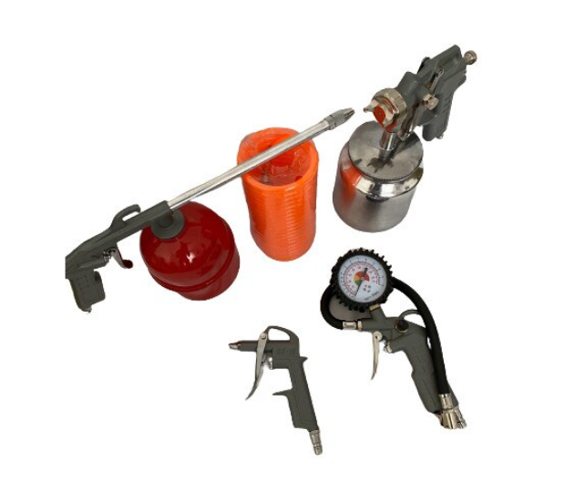 Set 5 accesorii compresor, pistol cu aer, pistol de umflat, pistol pulverizare, furtun si pompita de gresare