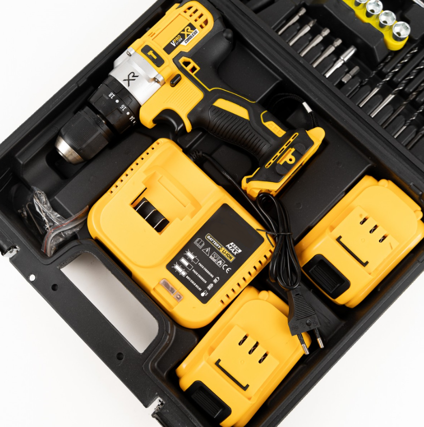 Trusa bormasina XR angrenaj metalic, 2 acumulatori, 36V, 8Ah, incarcator si 30 accesorii