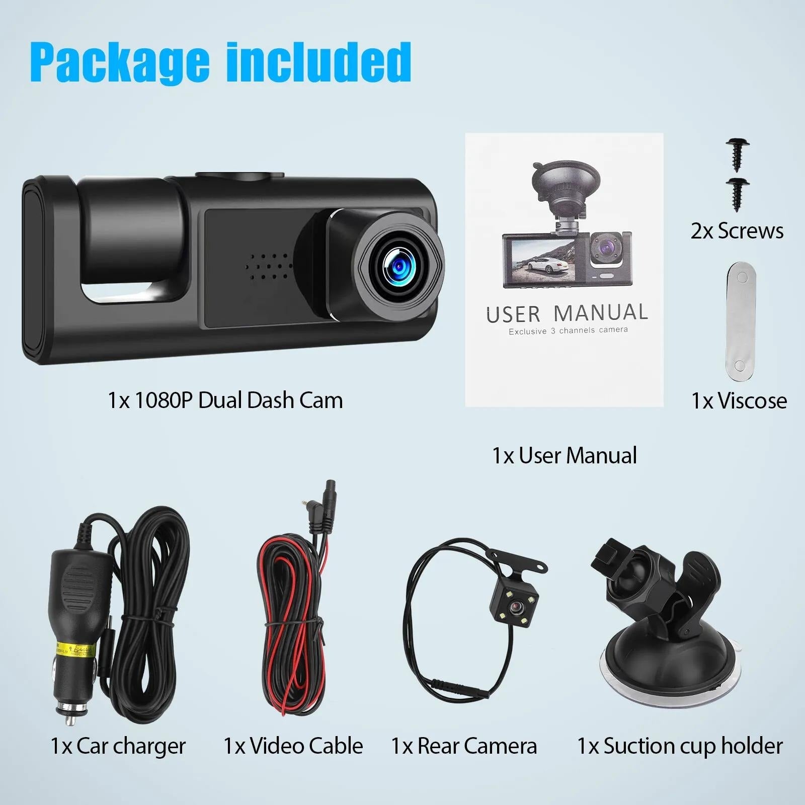 Camera DVR auto, Full HD 1080P, 3 lentile, Camp vizual ultra larg de 170°, Afisaj IPS 4", Viziune nocturna, Inregistrare duala, Inregistrare in bucla, Senzor G, Detectare miscare