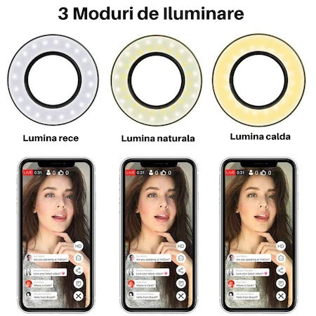 Suport flexibil pentru telefon cu 3 moduri de iluminare Ring Light