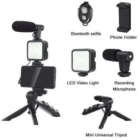 Kit complet pentru vlogging,trepied,microfon, panou LED, telecomanda si suport reglabil pentru telefon
