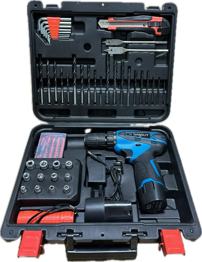 Set Bormasina Electrica DASGUT cu 2 Acumulatori 12V, Set 77 de Accesorii