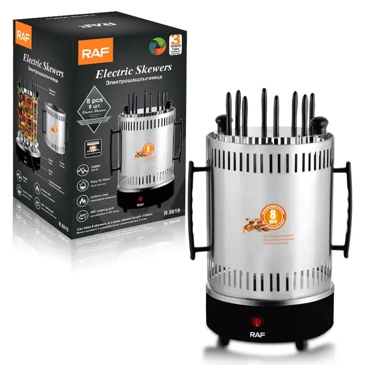 Gratar Electric Vertical RAF-8619, Fara Fum, 1200W, 8 Frigaruie Rotative din Otel