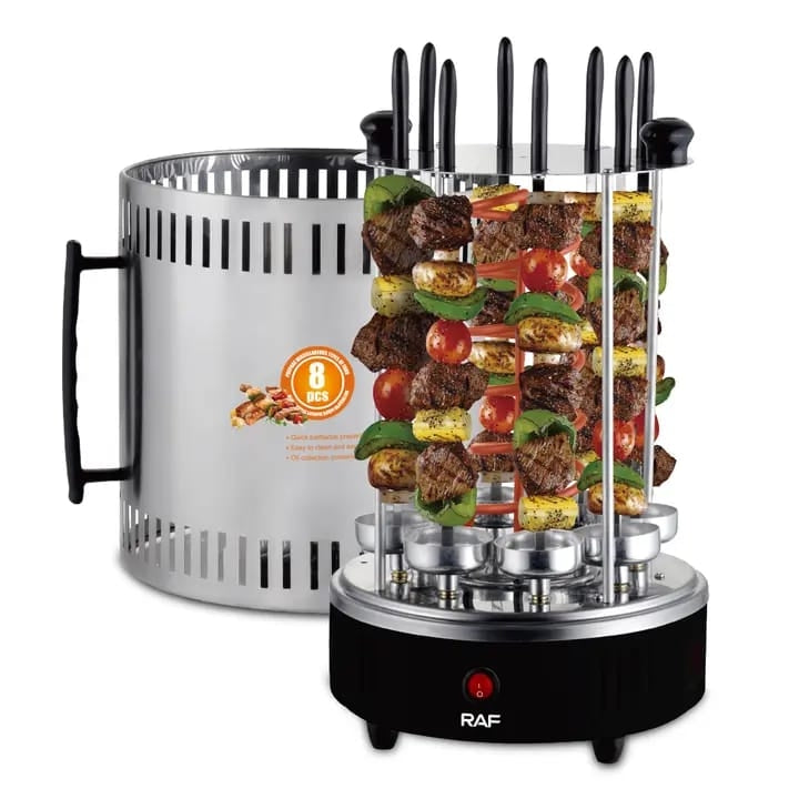 Gratar Electric Vertical RAF-8619, Fara Fum, 1200W, 8 Frigaruie Rotative din Otel