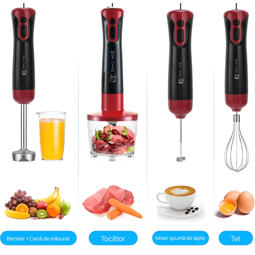 Set Blender 5 in 1, 500W, profesional, Lama din Otel inoxidabil, Silentios, trepte de viteza, Cana 500ml, Tocator 500ml, Accesoriu pentru Spumat laptele, Multifunctional